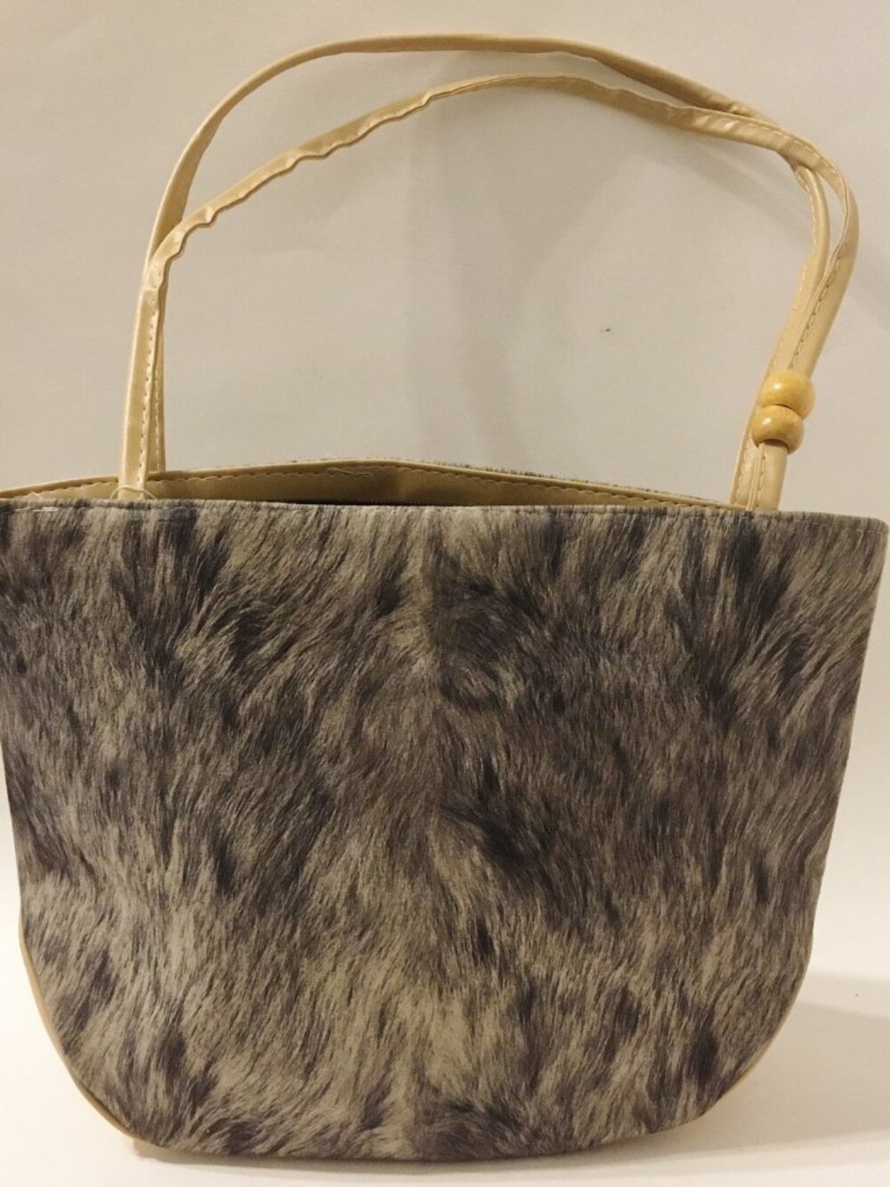 Fabric Purse Gray Tan Beads Faux Leather Shoulder Bag Handbag Tote Lined